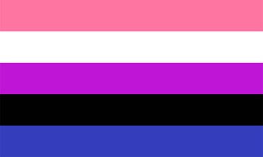 Cinsiyet akışkan bayrak gururu çizimi. Kendini sabit cinsiyetli olarak tanıtmayan birini sunar. Bayrak şeritleri kadınlık, tüm cinsiyetler erkeklik, cinsiyetsizlik demektir. LGBTQ+.