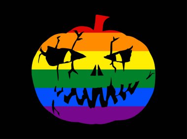 LGBT bayrağı Cadılar Bayramı kabak vektör çizimi siyah arkaplanda izole edildi. Korkunç bir surat gülüyor. Mutlu Jack O Lantern. Gülümseyen Cadılar Bayramı balkabağı yüzlü duygu. Şeytani tebessümle ürkütücü kafa ezme.