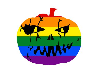 Beyaz arka planda izole edilmiş LGBT bayrağı Cadılar Bayramı kabağı çizimi. Korkunç bir surat gülüyor. Mutlu Jack O Lantern. Gülümseyen Cadılar Bayramı balkabağı yüzlü duygu. Şeytani tebessümle ürkütücü kafa ezme.