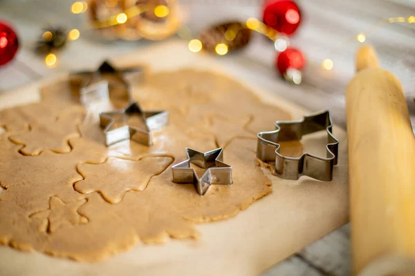 Raw Dough Cookies Cookie Cutters Festive Decoration Wooden Table Concept — Stock Photo, Image