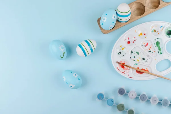 Preparation Easter Holiday Flat Lay Composition Blue Painting Easter Eggs — Stock Photo, Image