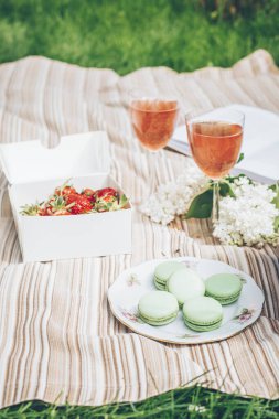 Yaz pikniği. Taze çilekli kutu, pembe limonata, tatlı kurabiyeleri, leylak çiçekli sepet.