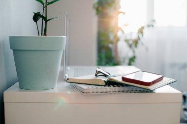 Not defteri, telefon, gözlük, ev bitkisi olan beyaz masa..