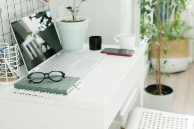 Comfortable Workspace. Modern workplace with laptop, notebooks, office supplies, phone and home plant on white office desk table