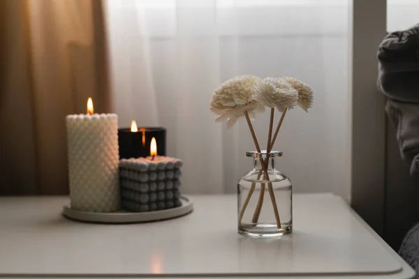 Home Aroma Fragrance Diffuser Burning Candles Bedside Table Bedroom Interior — Stock Photo, Image