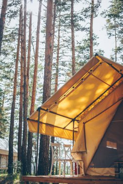 Glamping tent house in forest. Camping and vacation outdoor concept