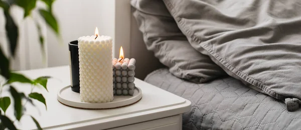 Modern Burning Candle Bedside Table Bed Home Aroma Wellness Banner — Stock Photo, Image