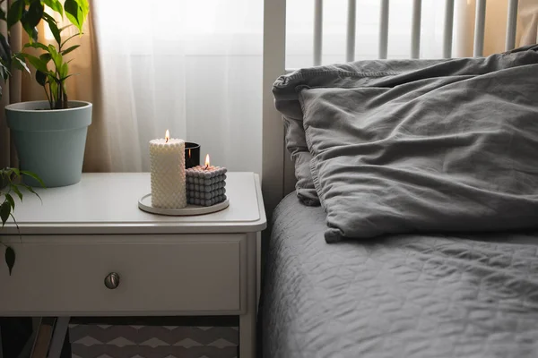 Bedroom Light Interior Modern Candle Home Plant Bedside Table Bed — Stock Photo, Image