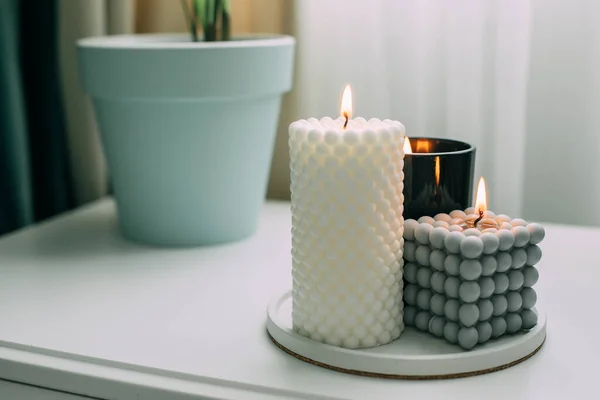 Burning Bubble Candle Bedsite Table Bedroom Trendy Home Decor Close — Stockfoto