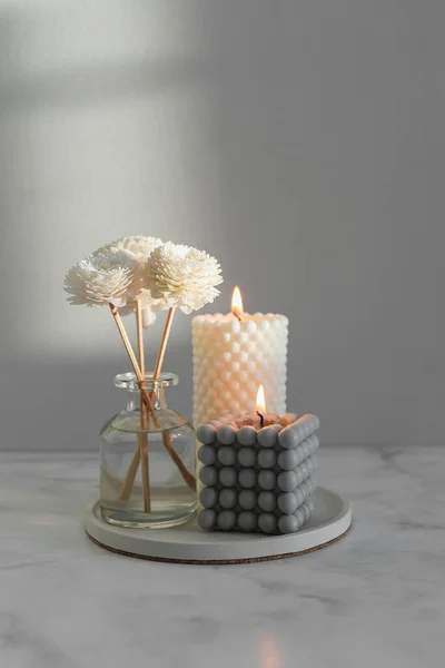 Home Aroma Fragrance Diffuser Burning Candles Marble Background Interior Elements — Stockfoto