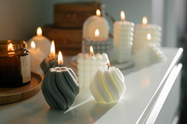 Handmade natural wax and soy burning candles. Concept of mental health, self care, mindfulness lifestyle