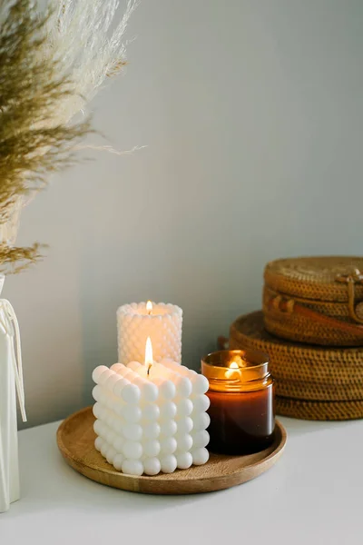 Cozy Burning Candles White Shelf Concept Winter Autumn Home Interior — Stockfoto