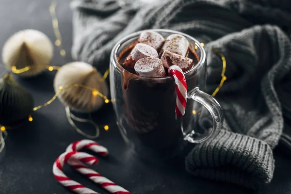 Glass Hot Chocolate Marshmallow Candy Cane Dark Blue Background — Stock Photo, Image