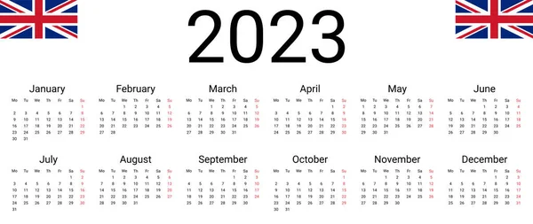 2023 Kalendarz Angielski Szablon Vector Zaczyna Się Poniedziałku Pełne Miesiące — Wektor stockowy