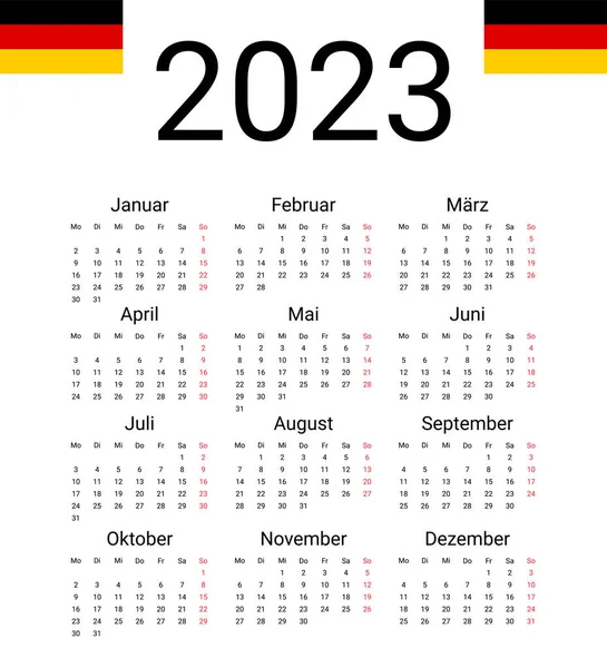 Duitsland 2023 Kalender Vector Illustrator Ontwerp Template Start Vanaf Maandag — Stockvector