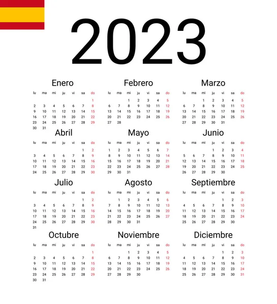 Spaanse Kalender 2023 Vector Illustratie Ontwerp Sjabloon Start Vanaf Maandag — Stockvector