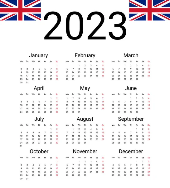 Ηνωμένο Βασίλειο 2023 Ημερολόγιο English Vector Design Template Start Monday — Διανυσματικό Αρχείο