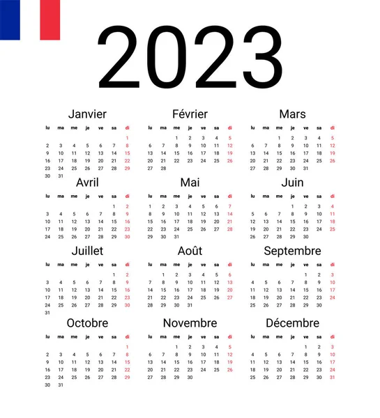 2023年フランスカレンダー ベクターイラストデザインテンプレートは月曜日から開始します 壁のカレンダーのための完全な月 — ストックベクタ