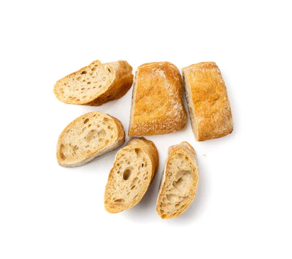 切碎的Ciabatta面包被分离出来 意大利查巴塔面包切白色背景 顶级食物摄影 — 图库照片