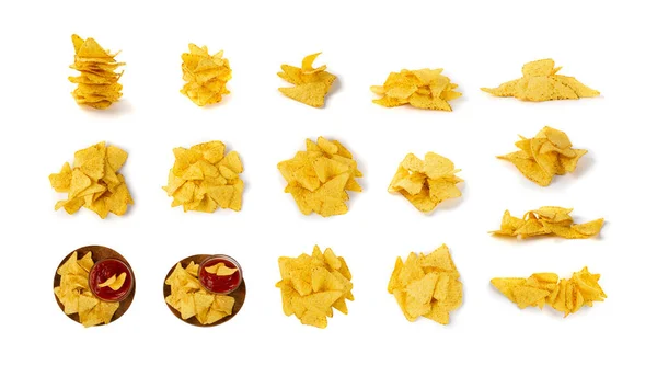 Big Set Triangle Corn Chips Isolated White Background Mexican Nachos — Stock Photo, Image