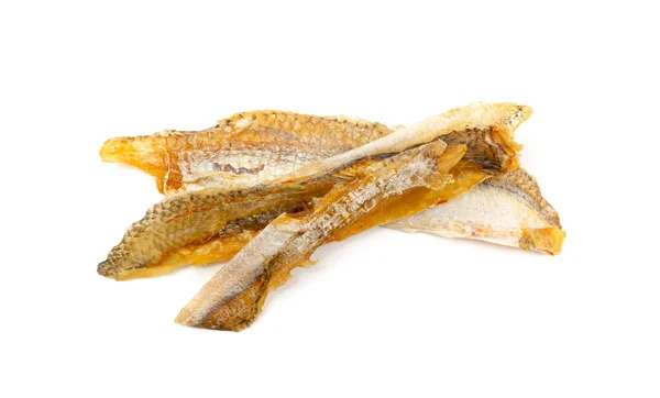 Getrocknete Fischstäbchen Isoliert Trocken Gesalzene Meeresfrüchte Snacks Seehecht Stockfisch Kleine — Stockfoto