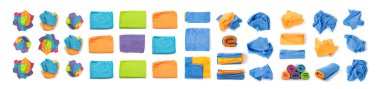 Mikrofiber temizleme bezi seti. Mavi, Yeşil ve Turuncu Tekstil Bezleri, Yumuşak Özümseyici Temizlik Havluları Beyaz Arkaplan Üst Görünümünde İzole Edildi