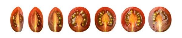 Mitades Tomate Ciruela Marrón Cuñas Línea Aisladas Pequeñas Rodajas Tomate — Foto de Stock
