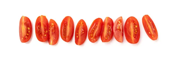 Rodajas Largas Tomate Ciruela Aisladas Frescos Pequeños Tomates Cherry Cuñas —  Fotos de Stock