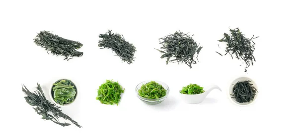 海藻分離の大規模なコレクション ドライわかめ 食用グリーン藻類 海野菜 グリーンチュカセット Top View — ストック写真
