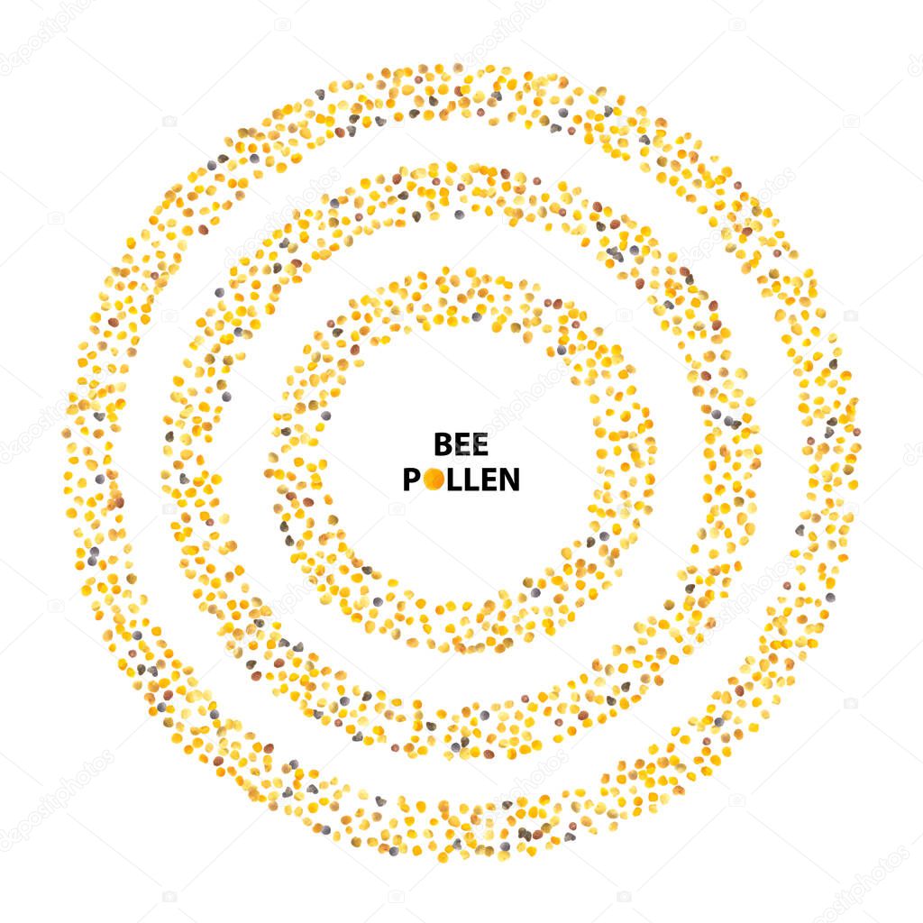 Bee pollen round frame. Perga border, yellow flower pollen grains texture background, bee bread vector frames