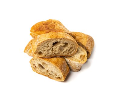 Soyutlanmış ciabatta ekmeği. Beyaz arkaplanda İtalyan chiabatta somunu, üst görünüm yemek fotoğrafçılığı.