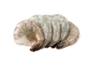 Fresh shrimp tails isolated. Raw headless prawn, pacific shrimp, uncooked tiger prawns, jumbo seafood on white background clipart
