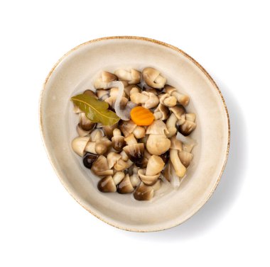 İzole edilmiş saman mantarları. Terbiye edilmiş mantar çorbası, volvariella turşusu, sağIık aperatifi, beyaz arka planda agarik koruma, kil kasede tuzlanmış mantar.