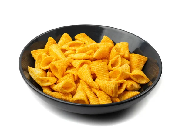 Corn Cone Pile Black Bowlisolated Bugles Chips Puffs Spices Crunchy — Stock Photo, Image