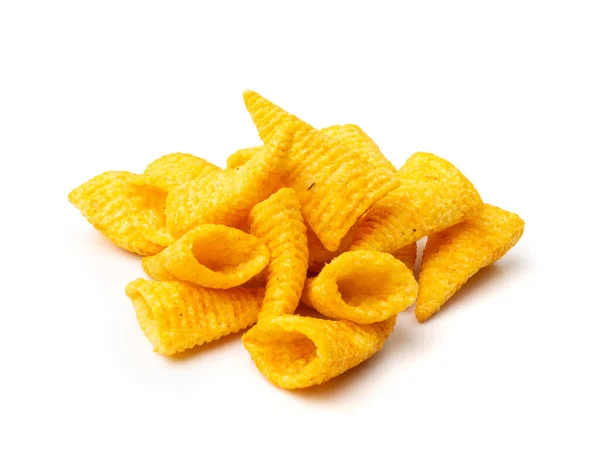 Maïskegel Stapel Geïsoleerd Bugles Chips Puffs Met Specerijen Knapperige Gepofte — Stockfoto