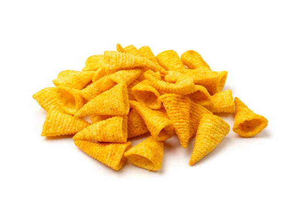 Maiskegelstapel Isoliert Bugles Chips Blätterteig Mit Gewürzen Knusprige Puffsnacks Salzige — Stockfoto