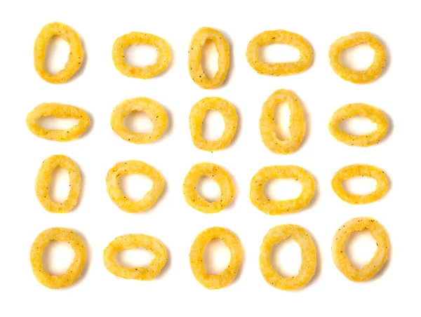 Corn Single Rings Set Isolated Cheese Puffs Spices Crunchy Puffed — Stock Photo, Image