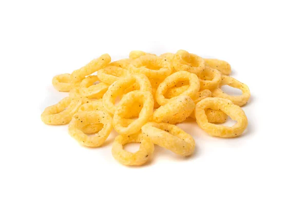 Corn Rings Pile Isolated Cheese Puffs Spices Crunchy Puffed Snacks — Stock Photo, Image