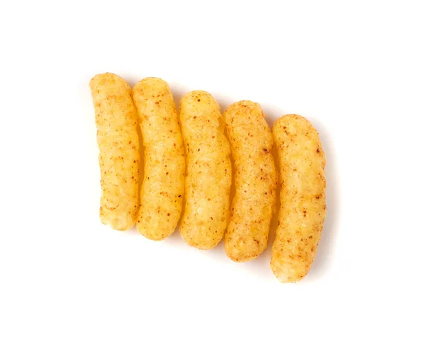 Corn Sticks Row Isolated Cheese Puffs Spices Crunchy Snacks Scattered — Stock Photo, Image