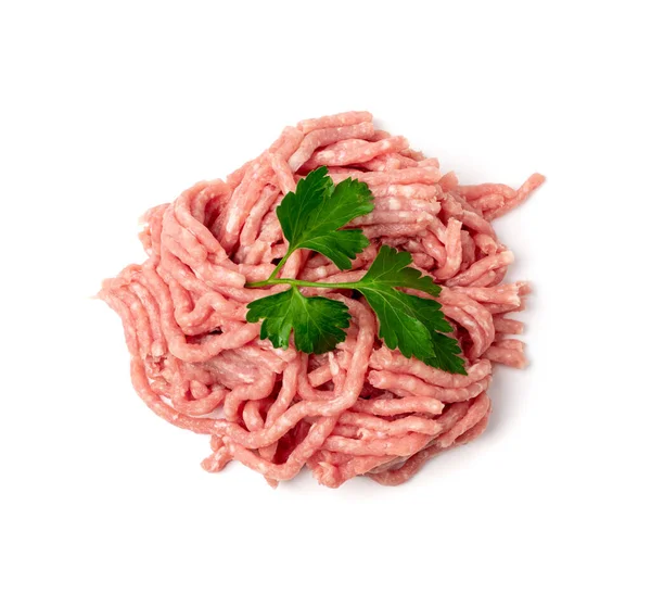 ミンチポーク肉分離 地面の新鮮な切り身 調理されていない豚のミンセサート 生の強制的に 白い背景の上のビューに緑とお肉の部分をひき肉 — ストック写真
