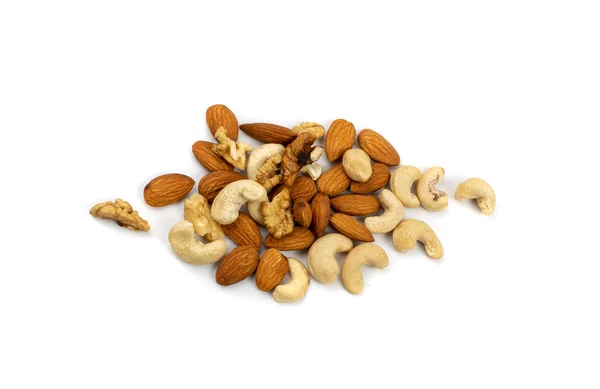 Nut Mix Pile Isolated Heap Peeled Almonds Walnuts Cashews Nut — Stock Photo, Image