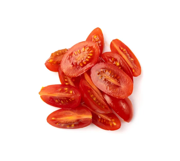 Largas Mitades Tomate Ciruela Rebanadas Aisladas Frescos Pequeños Tomates Cherry —  Fotos de Stock