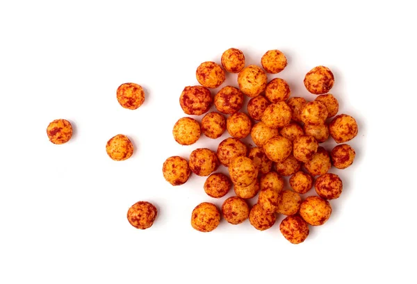 Red Corn Balls Pile Isolated Puffs Spices Crunchy Chili Pepper — Stock Photo, Image