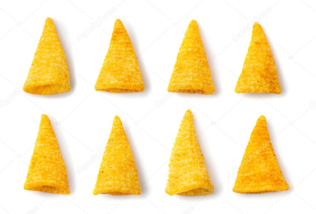 Single corn cone set isolated. Bugles chips collection, puffs with spices, crunchy puffed snacks, salty corn cones