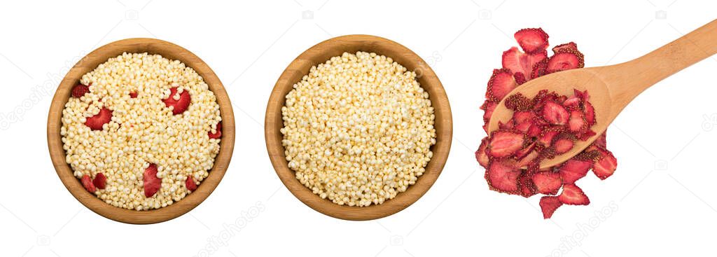 Puffed Millet Snack with Dried Strawberries Isolated. Healthy Cereal Breakfast in Wooden Round Bowl, Sweet Puffed Millet Top View