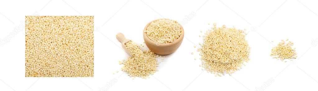 Puffed Millet Snack Collection Isolated. Healthy Cereal Breakfast in Wooden Round Bowl, Sweet Puffed Millet Isolated