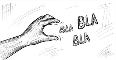 Elle çizilmiş el bla bla der. Sketchy boş vaatler konsepti, karalama saygısızlık sembolü, elle çizilmiş alıntılar, argo konuşma taslağı, vektör illüstrasyonu
