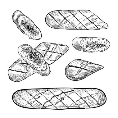 Sarımsaklı tereyağlı ve aromatik otlu el yapımı yarım yamalak baget. Dilimlenmiş sarımsaklı baget çizimi, otlu Fransız ekmeği dilimleri.