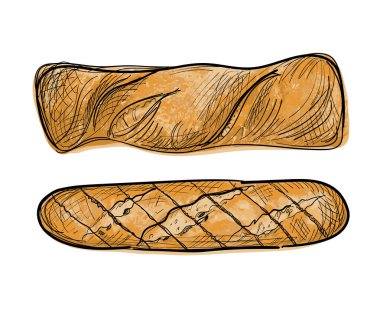 El çizimi yarım yamalak chiabatta ekmeği ve sarımsaklı baget, iki ekmek ekmeği, çizim, karalama fırını