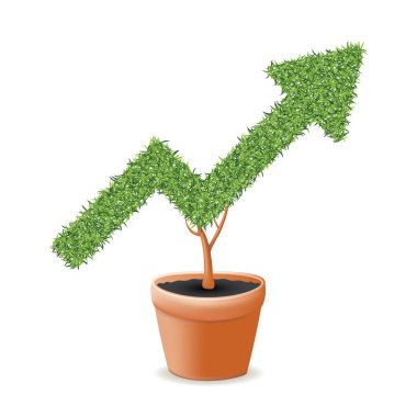 Yeşil Çimen Büyüme Çizelgesi Beyaz Arkaplanda Çiçek Saksısı 'nda. Üç Ot Çubuğu ve Üç Boyut Vektör İllüstrasyonu